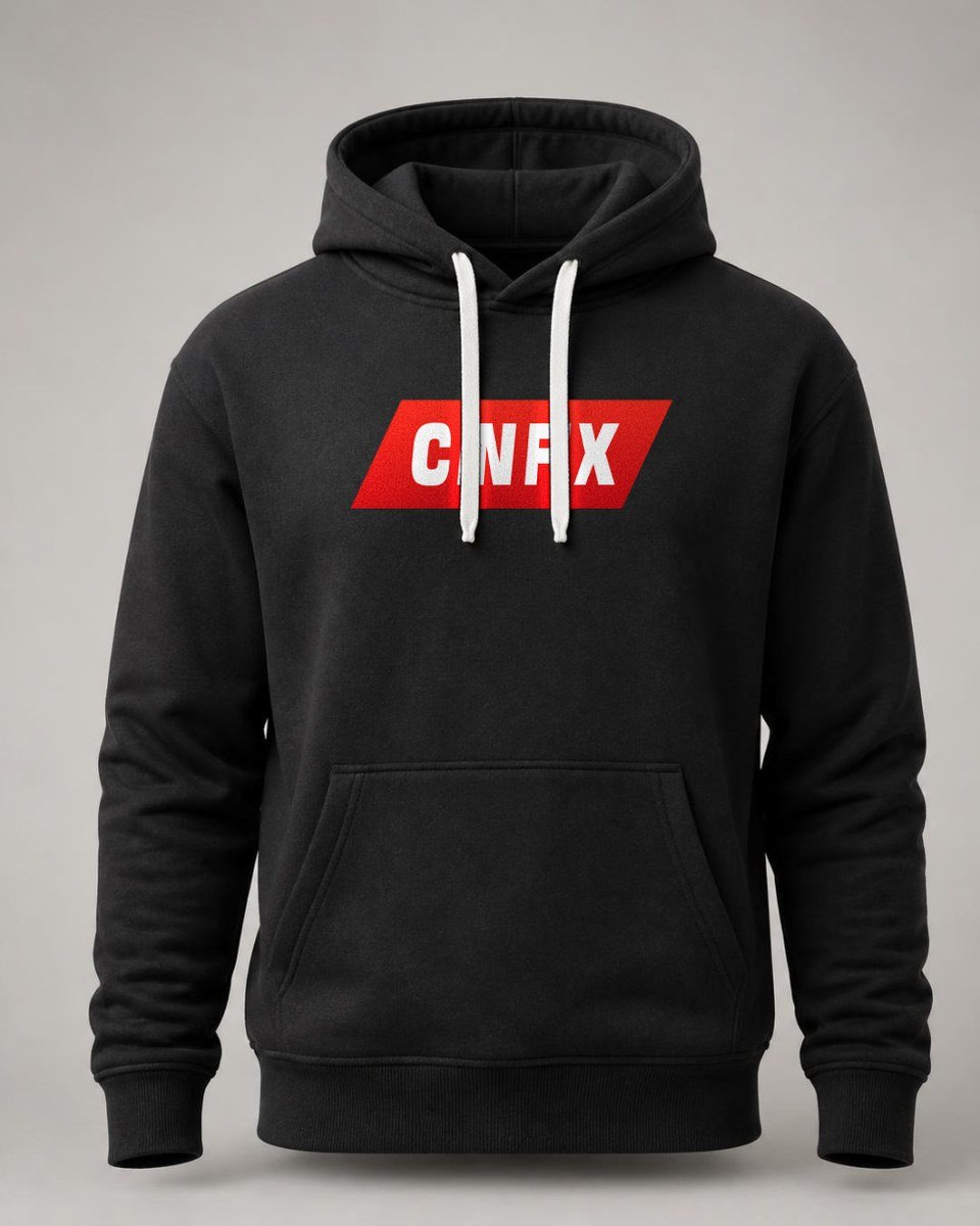 Black hoodie with the red CNFX box logo on the chest
