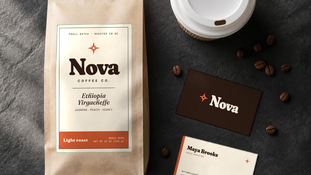 Nova Coffee Co. identity: coffee bag label and business cards on slate