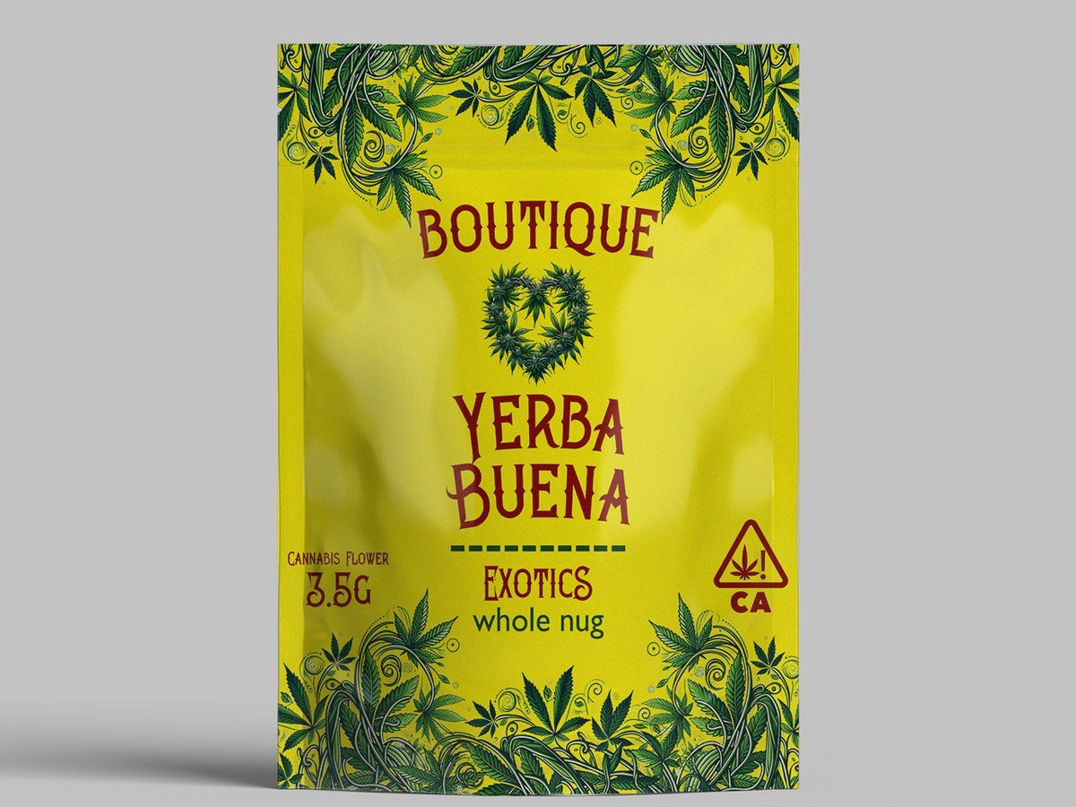 Boutique Yerba Buena yellow stand-up pouch with leaf illustrations