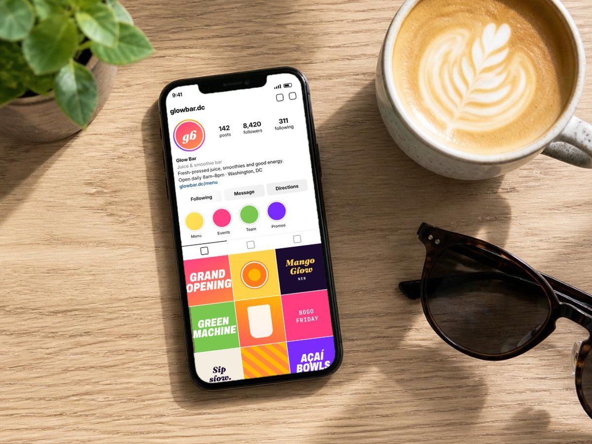 Glow Bar Instagram profile with a branded post grid on a phone