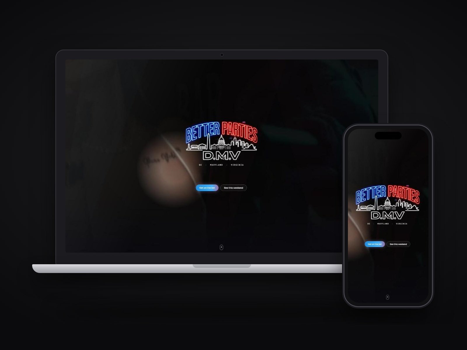 Better Parties DMV website shown on a laptop and a phone